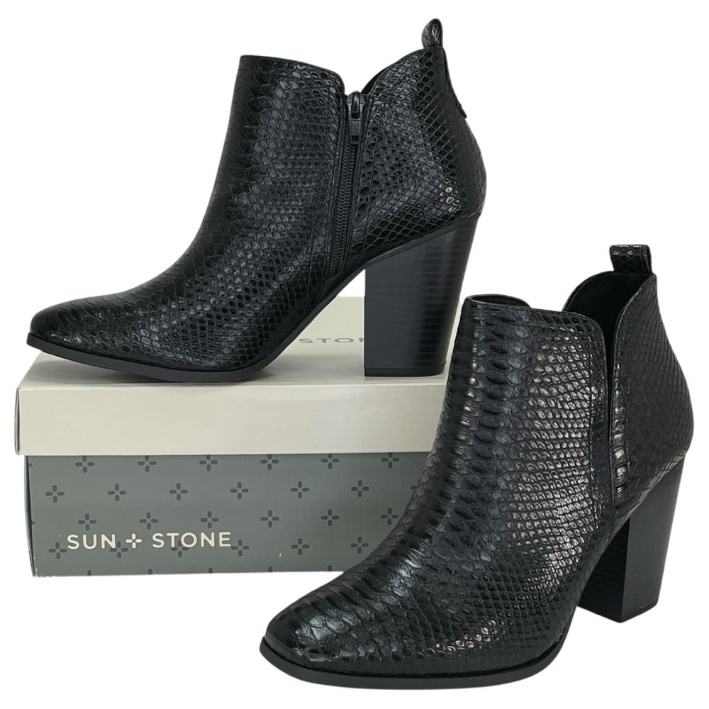 Sun + Stone Pollyy Black Faux Snakeskin Style Womens Ankle Boots Size 10M